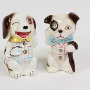 Lefton&#39;s Dapper Dogs Salt and Pepper Shaker Anthropomorphic with Rhinestone Eye & Buttons, Kitschy Mid-Century Kitchen Decor