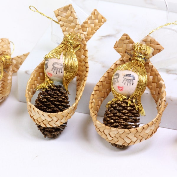 Adorable Vintage Pine Cone Angel Ornaments, Set of Four, Spun Cotton Head with Pine Cone Body
