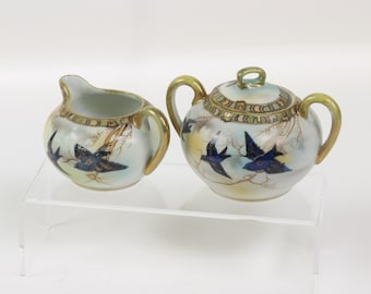Vintage Japanese Hand Painted Porcelain Sugar & Creamer Set, Blue Bird and Gold Pattern