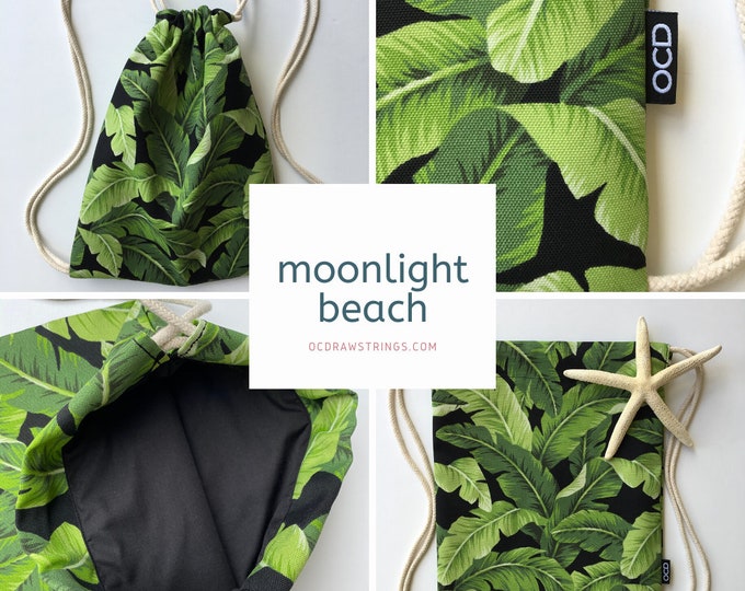 Featured listing image: Moonlight Beach Drawstring Backpack - Tropical Leaf Backpack - Small Cinch Sack - Tommy Bahama Banana Leaves on Black - Small Purse - OCD