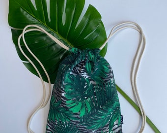 Tropical Jungle Drawstring Backpacks - Animal Print Backpack Purse - Small Cinch Sack - Palm Leaves Backpack - Black Green - OCD Bag