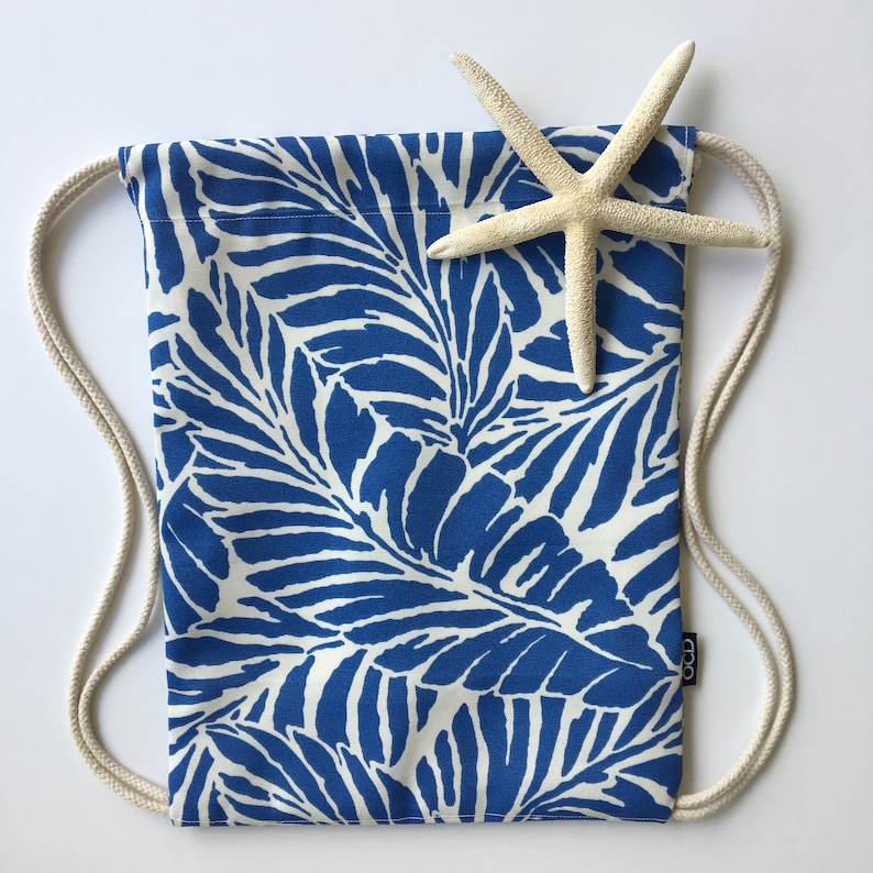 Small Cinch Sack Tropical Beach Bag Lakefront Palms Backpack Blue Palm Leaves Drawstring Backpack Hawaiian Mini Drawstring Purse