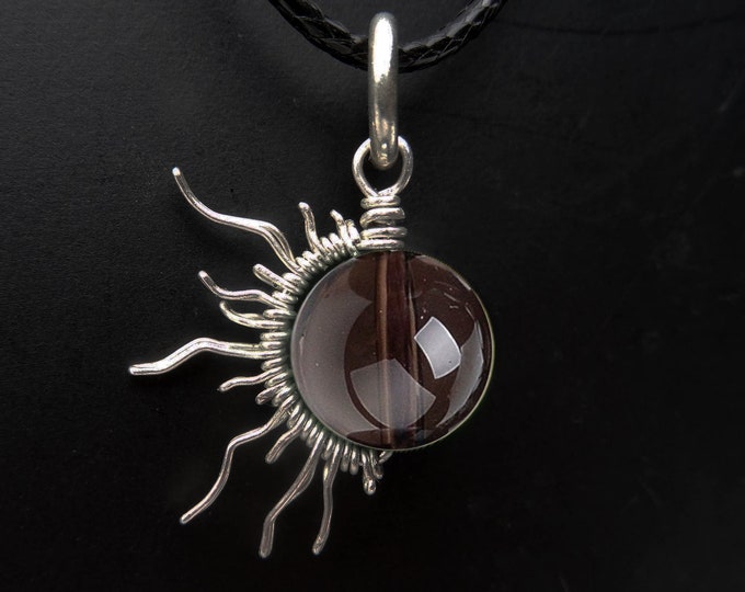 Quartz Sun Moon Necklace, Smokey Quartz 12 Sun Silver or Steel Wire Pendant Charm Solar Eclipse Pendant June Birthstone Silver Jewelry