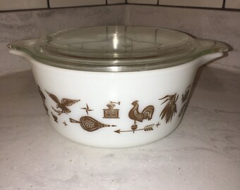 Early American White and Brown Covered Pyrex Casserole
