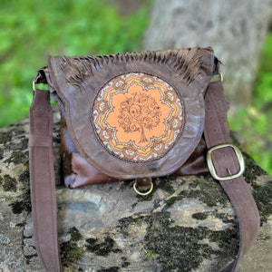Handcrafted Genuine Leather Acidwashed  Shoulder Bag  - One Of A Kind Gift - Hair On Hide Leather Purse - Tree Of Life Leather Crossbody Bag