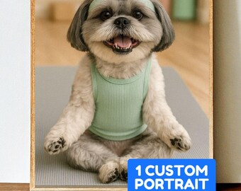 Ritratto personalizzato di cane che fa yoga: arte personalizzata per animali domestici / regalo per yogi (download digitale 13 x 18 cm)