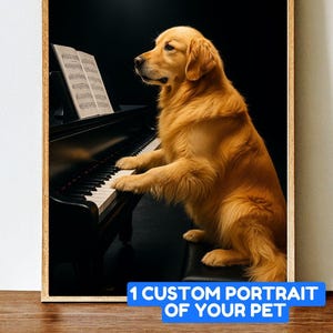 以下が含まれることがあります： グランドピアノを演奏するゴールデンレトリバーの額入りプリント。犬は横向きで、鍵盤に足をかけ、譜面台に楽譜があります。画像は黒い背景で、青いボックスに「1 CUSTOM PORTRAIT OF YOUR PET」というテキストが入っています。