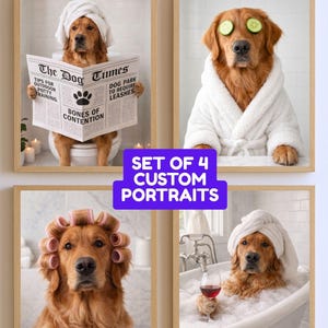 May include: Set of four framed custom portraits featuring a golden retriever in various spa-like scenarios. One image shows the dog in a towel reading "The Dog Times". Other images show the dog with cucumber slices, hair curlers, and in a bathtub.