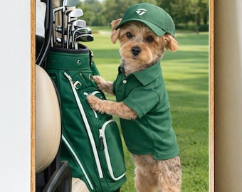 Ritratto personalizzato di un animale domestico da golf / Divertente arte canina - Download digitale 5 x 7 pollici