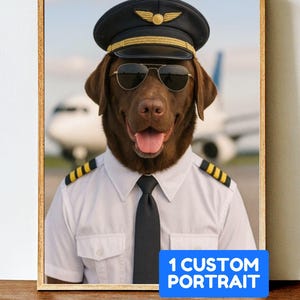 Custom Pilot Dog Portrait | Funny Dog Gift for Airplane Pilots | Personalized Dog Lover Gift | Funny Dog Wall Art