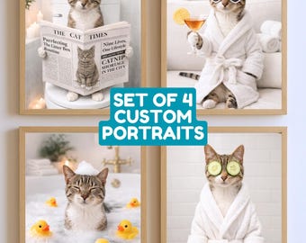 Ritratti personalizzati per gatti in stile spa (set di 4) - Opere d'arte personalizzate per animali domestici (download digitale 5 x 7 pollici)