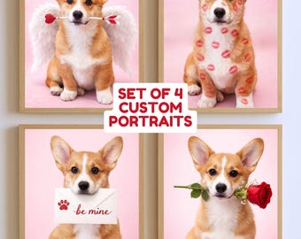 Ritratti di animali domestici personalizzati per San Valentino (set di 4) / Arte canina - Download digitale 5 x 7 pollici