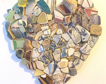 one of a kind Heart sea glass inspired blue and white tumbled pottery pendant beach pottery heart
