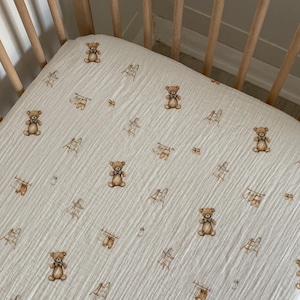 Teddy Bear Organic Muslin Fitted Sheet | Organic Cotton Sheet for Baby Toddler - Custom Size Crib Bassinet Sheet, Breathable Baby Bedding