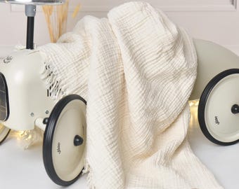 Cream 4‑Layer Organic Muslin Baby & Toddler Blanket – Boho Gauze Fringe | Baby Boy Girl Crib Blanket | Newborn Baby Shower Gift