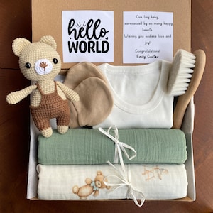 Coffret cadeau bébé bio - avec peluche au crochet fait main, emmaillotage en mousseline, couverture, brosse pour bébé et plus - Coffret cadeau nouveau-né, baby shower garçon fille