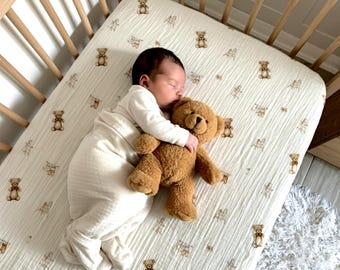 Teddy Bear Organic Muslin Fitted Sheet: Custom Crib/Bassinet Bedding