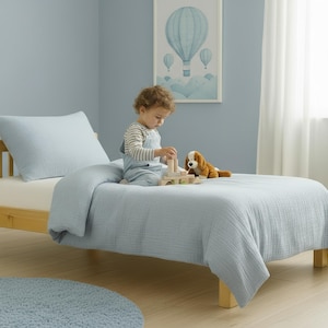 Blue Organic Muslin Duvet Cover Set: Soft Gauze Cotton Handmade Custom Size Bedding