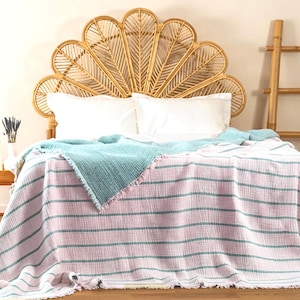 Copriletto matrimoniale king size in garza di cotone biologico a 8 strati: coperta trapuntata con nappe in stile boho