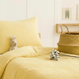 Yellow Organic Muslin Duvet Cover Set: Soft Gauze Cotton Handmade Custom Size Bedding