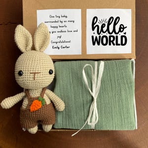 Organic Baby Gift Box - With Handmade Crochet Bunny, Muslin Swaddle, Blanket - Newborn Gift Box, Baby Shower Gift Box Boy Girl