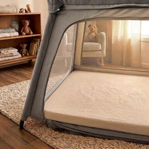 May include: A gray portable baby crib with a beige mattress. The crib has mesh sides and a fabric canopy. A wooden bookshelf with teddy bears and books is visible in the background. The crib is set up on a woven rug.