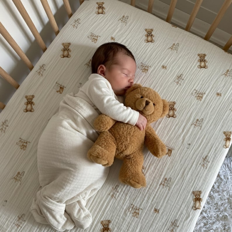 Organic muslin cotton fitted sheets for Nestig Wave, Cloud, Snow, Palm, and Full Cribs.