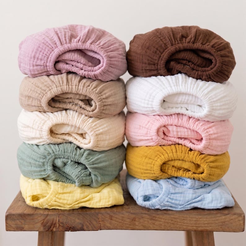 Muslin Cotton Fitted Sheets for Stokke Snoozi Bassinet, Stokke Sleepi Mini V2 V3 Fitted Sheets, Stokke Sleepi Junior Fitted Sheets