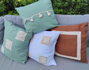 4 Muslin  Pillow Covers Set - French Lace Pillow Covers Set - Throw Pillow Covers, Organic Cotton Muslin Soft Boho Home Decor, Gauze Sham