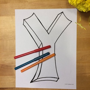 Letra mayúscula en blanco Y, página para colorear, descarga digital, alfabeto imprimible, decoración de guardería, suministros para maestros, suministros para educación en el hogar
