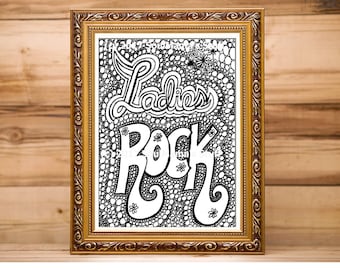 Ladies Rock, Coloring page, digital download, Printable Coloring, Adult coloring, Girl Power, Feminist coloring, Empowering Coloring, doodle