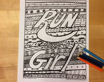 Run Like a Girl, Coloring page, digital download, 8.5X11 PDF file, black and white, Adult coloring, doodles, Girl Power, Feminist coloring