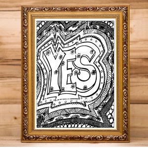 Yes Coloring page, digital download, PDF, Adult coloring, Anti-stress Coloring, Print at Home, Possible Answers, Yes is a Complete Sentence