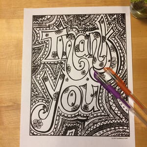 Thank You, Fancy Version, coloring page, Adult Coloring, digital download, 8.5X11 PDF, black and white, Thank You card, anti-stress Coloring