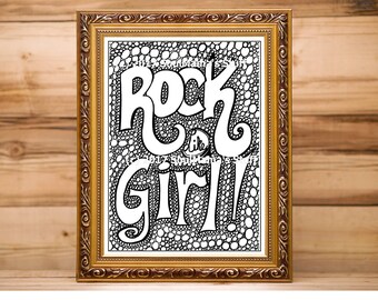 Rock Like a Girl, Coloring page, digital download, 8.5X11 PDF file, black and white, Adult coloring, doodles, Girl Power, Feminist coloring