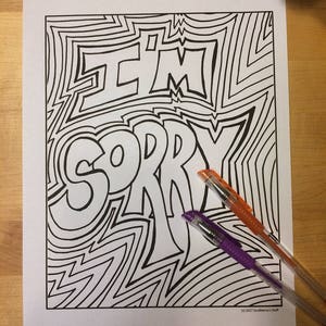 Sinto muito, página para colorir, download digital, PDF 8.5X11, preto e branco, Simpatia, desculpas para impressão, versão simples, coloração limpa para adultos