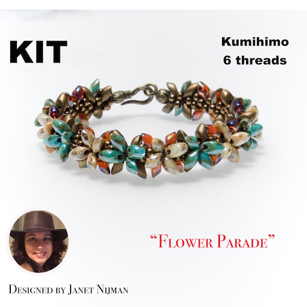 Kit Kumihimo avec tutoriel patron 6 fils Bracelet Flower Parade Kumihimo