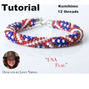 May include: A red, white, and blue Kumihimo bracelet with 12 threads, designed to look like the American flag. The bracelet is made with small beads and has a silver clasp. The bracelet is labeled "USA FLAG".