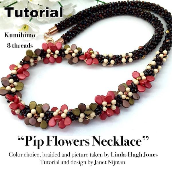 Kumihimo 8 threads pattern tutorial Pip flowers necklace