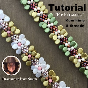 May include: A tutorial for making a beaded bracelet with a flower design. The bracelet is made with green, gold, white, and pink beads. The title of the tutorial is "Pip Flowers" Kumihimo 8 threads. The tutorial is designed by Janet Nijman.
