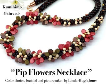 Kumihimo 8 threads pattern tutorial Pip flowers necklace