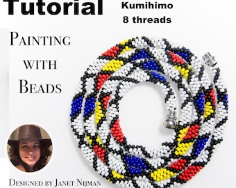May include: A close-up of a colorful beaded necklace made with black, white, red, yellow, and blue beads. The necklace is made using the Kumihimo technique with 8 threads. The text "Painting with Beads" is visible in the image.
