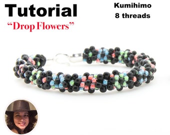 Kumihimo 8 threads pattern tutorial Drop Flowers