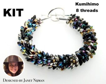 Kumihimo kit incl patroon tutorial 8 threads Kleurrijke Magatama's