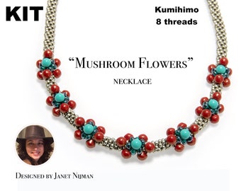 KIT Kumihimo 8 threads tutorial Mushroom flowers necklace