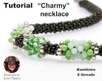 May include: A close-up of a green and silver beaded necklace with the text "Tutorial "Charmy" necklace" and "Kumihimo 8 threads".
