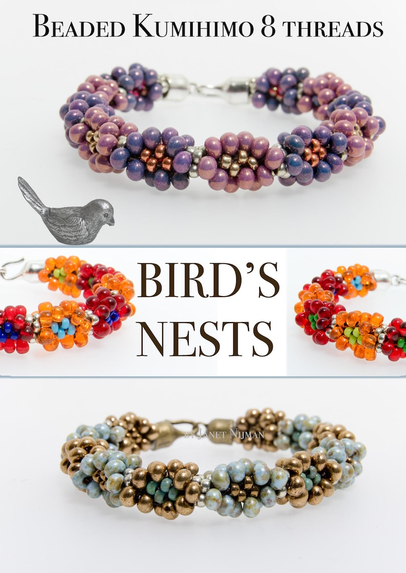 Pu&ograve; includere: Tre braccialetti di perline realizzati con la tecnica kumihimo. I braccialetti sono fatti con perline di diversi colori, tra cui viola, arancione, rosso, blu, verde e oro. I braccialetti sono tutti lunghi circa 18 cm. I braccialetti si chiamano "Nidi di uccelli".