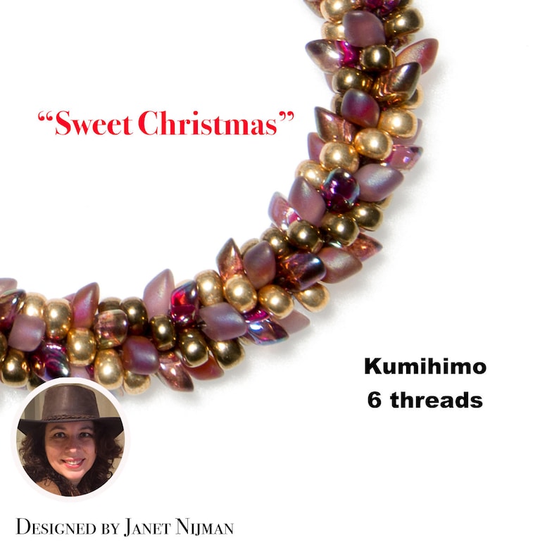 May include: A close-up of a beaded bracelet made with gold and purple beads. The bracelet is in the shape of a wreath and is labeled "Sweet Christmas". The text "Kumihimo 6 threads" is also visible in the image.