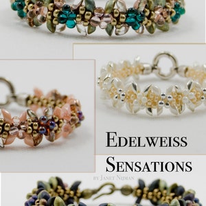 May include: Three beaded bracelets with a floral design. The bracelets are made with gold, silver, and green beads. The bracelets are called "Edelweiss Sensations" by Janet Nijman.