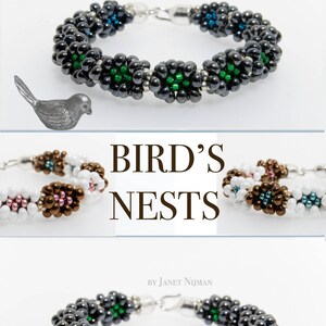Pu&ograve; includere: Tre braccialetti di perline con tema nido d'uccello. I braccialetti sono realizzati con perline nere, bianche, marroni, verdi e blu. I braccialetti si chiamano "Bird's Nests" e sono di Janet Nijman.